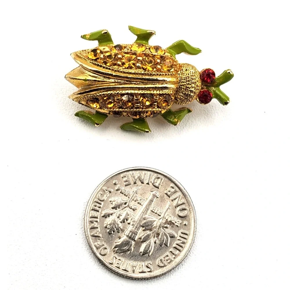 Vintage 6 Legged Red Eye Bug Pin Brooch Gold Tone Yellow Rhinestone Encrusted